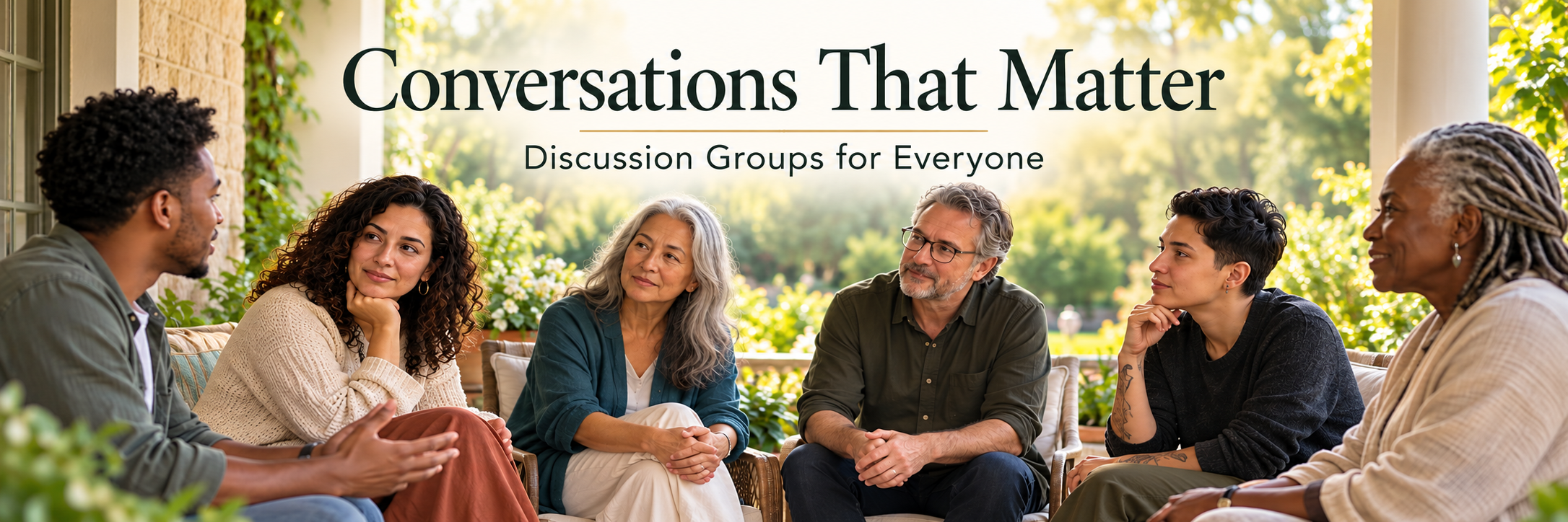 Conversations That Matter — Discussion Groups for Everyone, with a group of adults in conversation on a sunlit porch