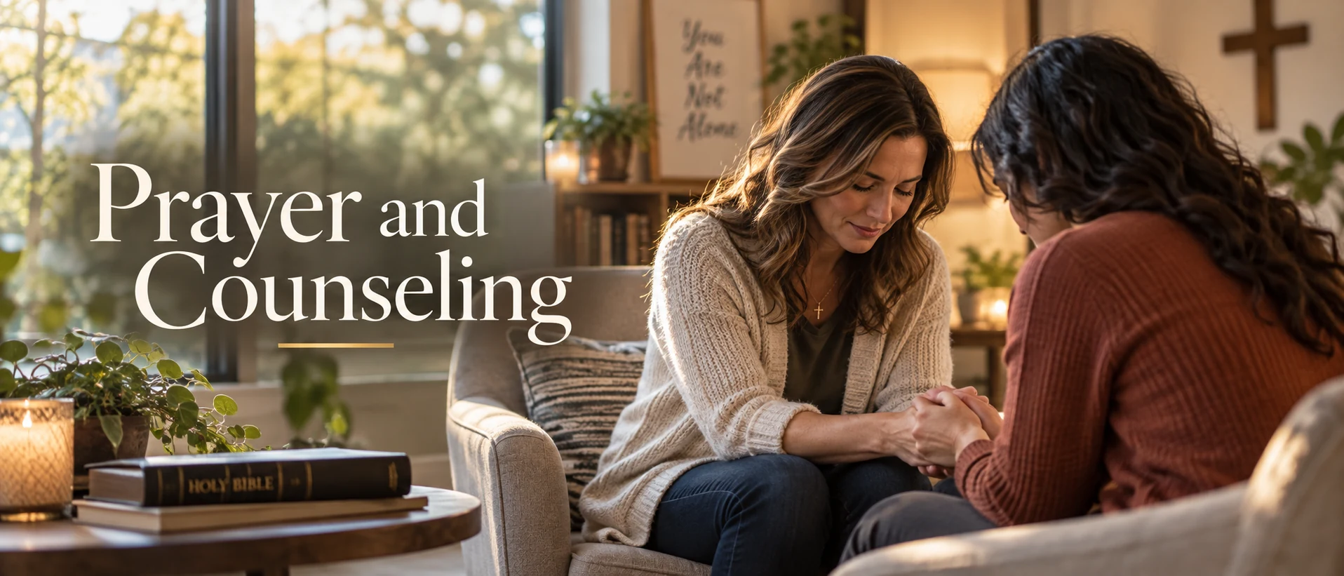 Prayer and Counseling — two women praying together in a warm, quiet room