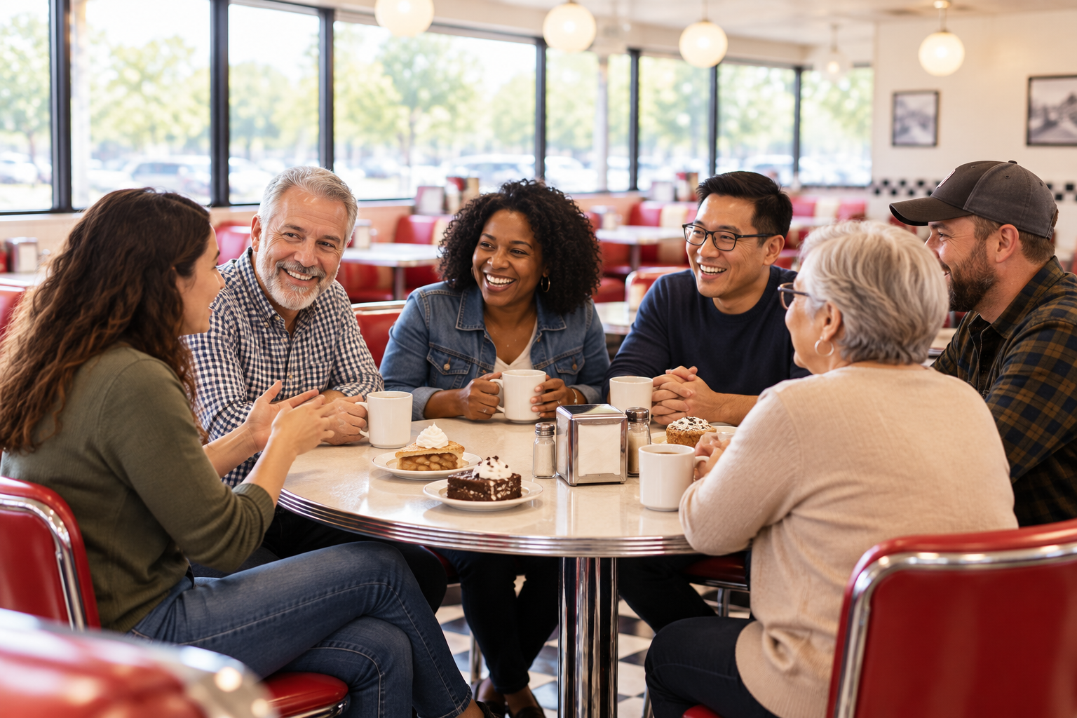 MemberPartners talking around a round table over coffee and dessert in Johnny's Cafe